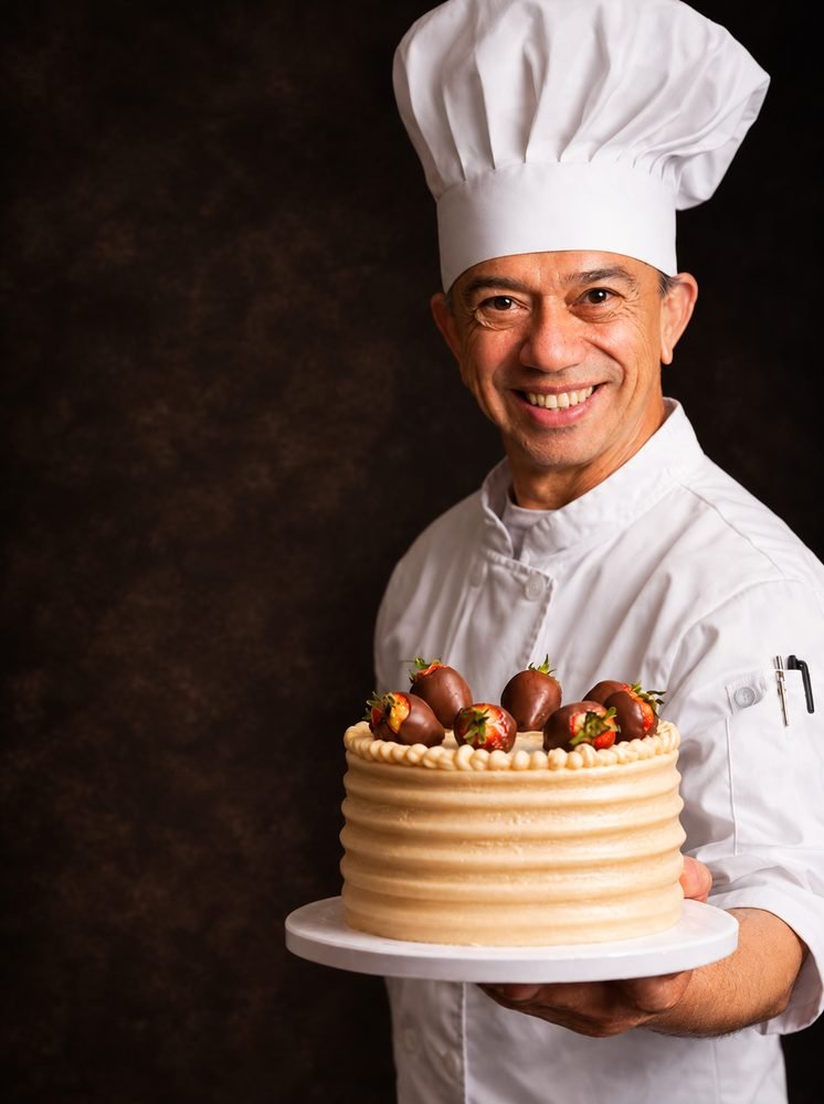 Chef Leandro smiling and presenting a buttercream cake topped with chocolate-dipped strawberries