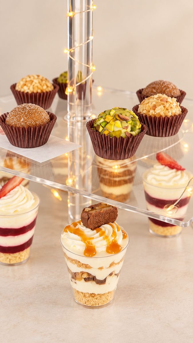 Layered dessert glasses with strawberries and caramel, and gourmet truffle bites