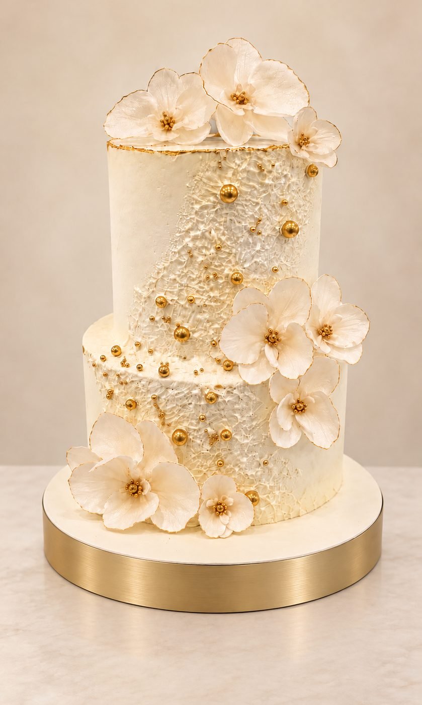 Ivory two-tier cake with handcrafted sugar flowers and gold pearls by Leandro's Cakes