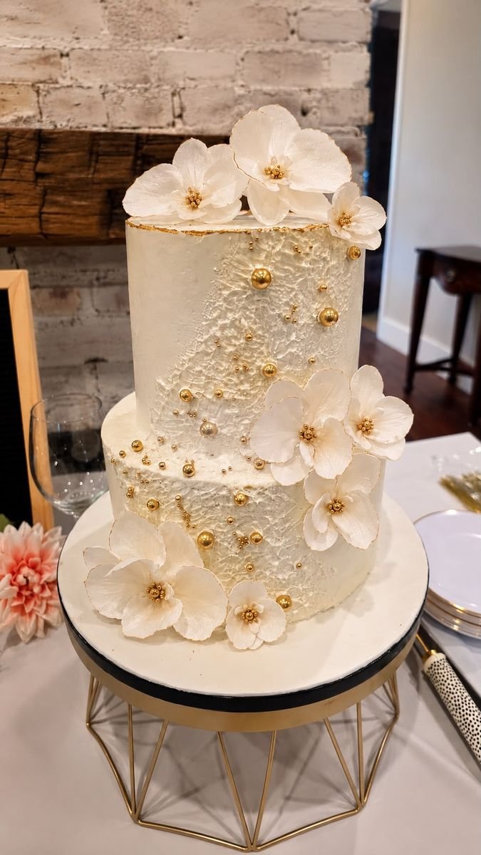 Textured ivory wedding cake with sugar flowers and gold pearls
